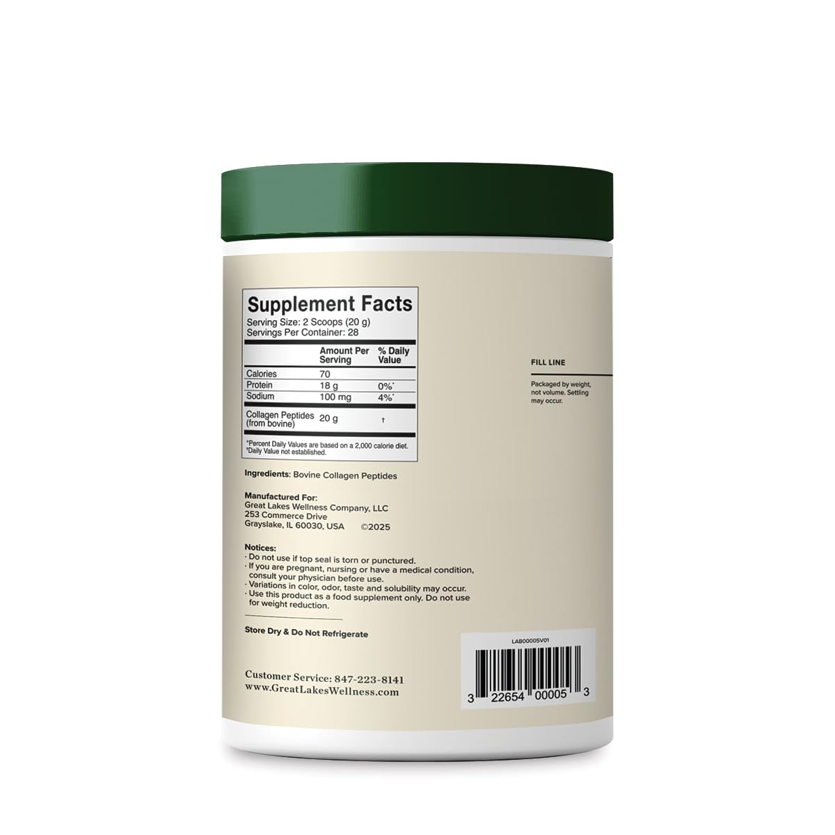 Great Lakes Wellness Collagen Peptides Powder for Skin, Hair, Nails, Joints & Digestion - Unflavored - Quick Dissolve Hydrolyzed, Non-GMO, Keto, Kosher - 20 oz