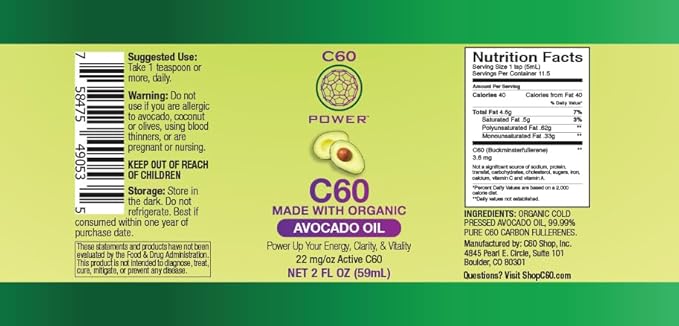 C60 Power C60 in Organic Avocado Oil - Natural Wellness & Antioxidant Support for Men & Women, 99.99% Pure Carbon Fullerenes, Promotes Energy, Mental Clarity, & Stamina - 2 fl oz Bottle