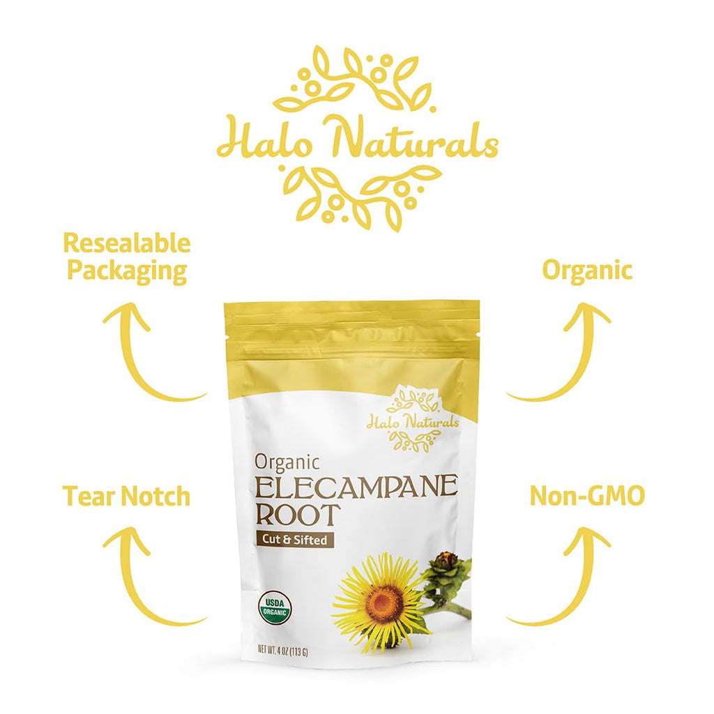 Halo Naturals Organic Elecampane Root Cut & Sifted, 4 Ounces (Inula helenium) USDA Certified | Resealable Pouch| Packaged in The USA