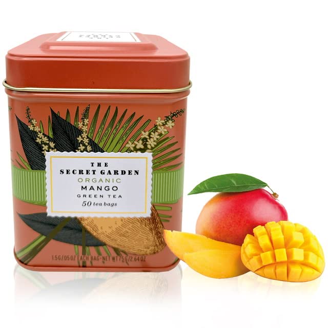 Organic Ceylon Mango Green Tea - 50 Packets - Natural Antioxidant Rich Herbal Leaf Teabags - USDA Certified 100% Non-GMO - Caffeinated Premium Gift Tin