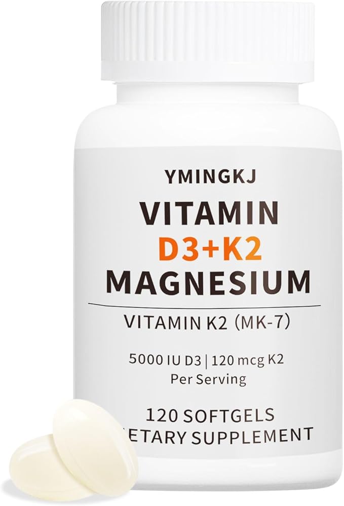 Vitamin D3 K2 5000 IU 120 Softgels with Magnesium Supplement - & 120mcg MK-7 K2 for Bone Health & Immune Support - Non-GMO & Gluten-Free Softgels with MCT Oil