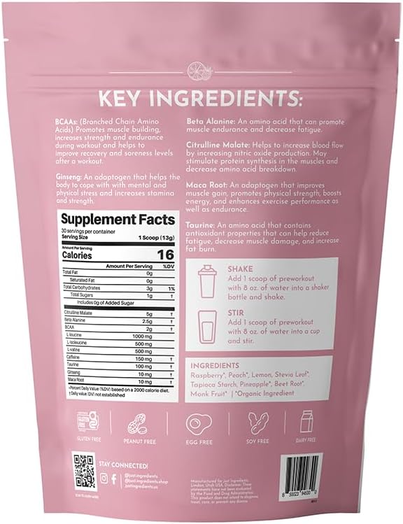 Pre-Workout Raspberry Lemonade | 30 Servings | 150 mg Caffeine Per Serving | Made with Real Food Ingredients | Gluten-Free | No Artificial Sweeteners | Supports Energy and Muscle Recovery