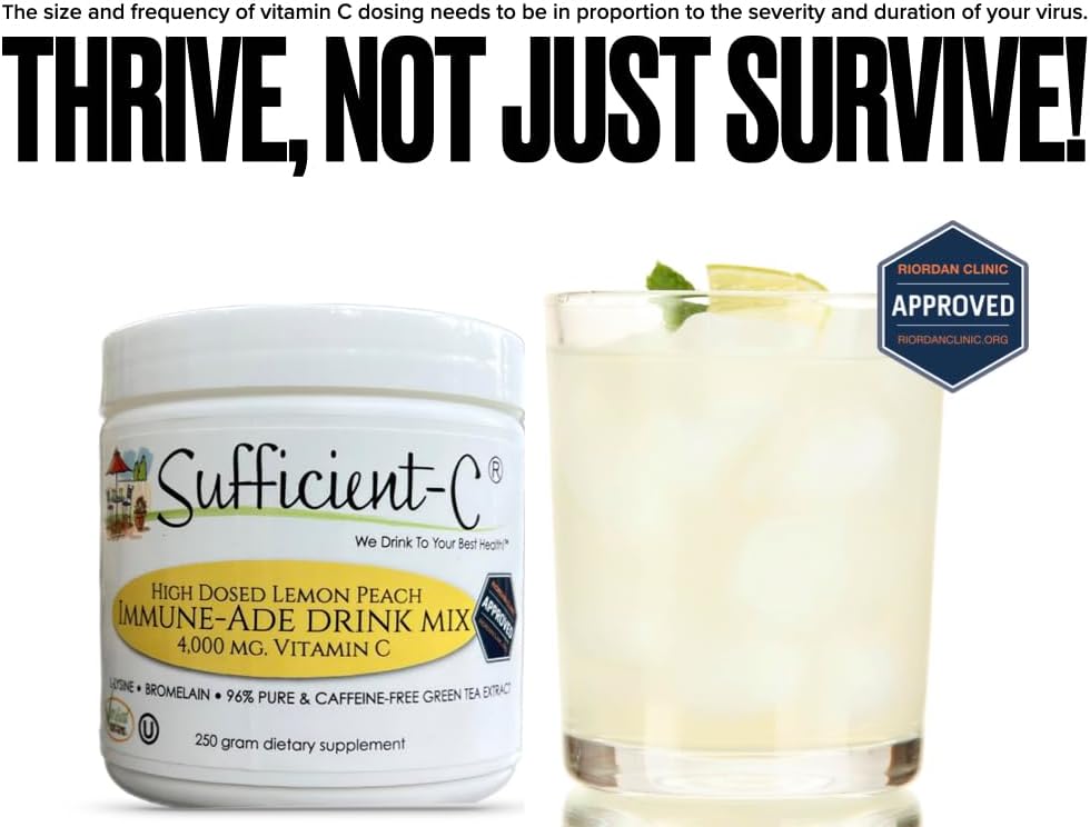 Sufficient-C High-Dosed 4000 mg. Vitamin C Lemon Peach Immune-Ade Drink Mix 250 gram Size - Refreshing with Generously Dosed L-lysine, Bromelain & 96% Pure, Caffeine-Free Green Tea Extract