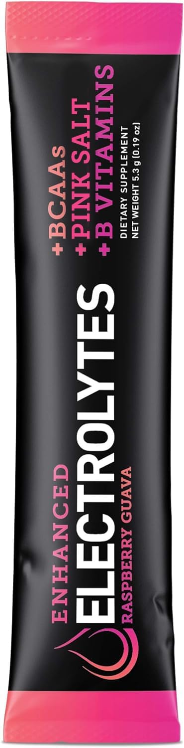 Enhanced Electrolyte Powder Stick Packs (Raspberry Guava | 20 Packets) w/ 0 Sugar +BCAAs +B-Vitamins Electrolyte Supplement w Potassium Zinc & Magnesium for Hydration - Keto Electrolytes