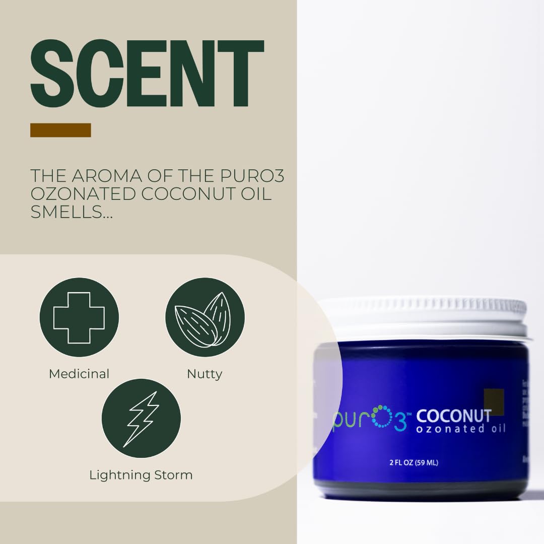 PurO3 Ozonated Coconut Oil – Pure, Natural, Organic Skincare for Face & Body – Oxygenated Healing Lotion, Moisturizer & Beauty Cream in a Glass Jar – O3 Therapy Salve, 2 oz
