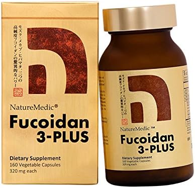 NatureMedic Fucoidan 3-Plus Brown Seaweed Immunity Supplement with Three Types of High Purity Fucoidan Organic Mekabu Fucus Mozuku Agaricus 160 Vegetable Capsules Made in Japan (1 Bottle)