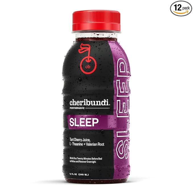 Cheribundi Tart Cherry Juice Sleep | Tart Cherry Juice with L-Theanine & Valerian Root | Athletes Recovery Drink | Promotes Restorative Sleep, Muscle Recovery & Boosts Performance | 8 floz (12 Pack)
