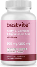 BESTVITE Acetyl L-Carnitine 500mg & Alpha Lipoic Acid 200mg per Capsule with Biotin (120 Vegetarian Capsules) - No Stearates - Vegan - Non GMO - Gluten Free