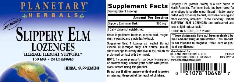 Planetary Herbals Slippery Elm Lozenges, Herbal Throat Support, 24 Lozenge