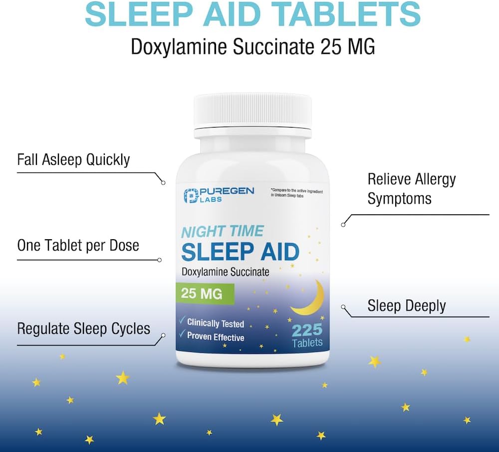 Puregen Labs Doxylamine Succinate 25mg | Nighttime Sleep Aid | Safe & Effective | Non-Habit Forming Sleep Aid | Made in USA | 225 Tablets