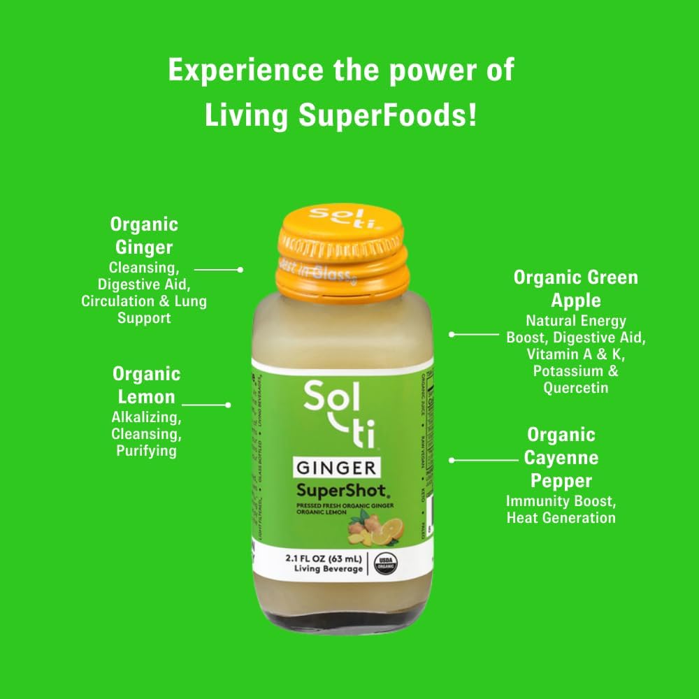 Sol-ti Organic Ginger SuperShot Drink, Aids Digestion, Circulation and Cleansing, SuperFood, Cold-Pressed Apple and Lemon Juice Blend, 12 Pack (2.1 Fl oz)