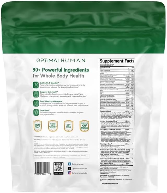 Optimal Human Superfood Greens Powder – 90+ Ingredient Blend with Lion’s Mane Supplement, Ashwagandha & Turmeric – Non-GMO, Soy-Free, Mushroom Supplements for Women – 20 Sachets