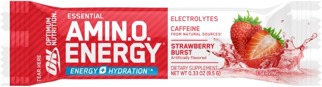 Optimum Nutrition Essential Amino Energy Plus Electrolytes Stick Packs, Energy Powder, Strawberry Burst, 7 Count