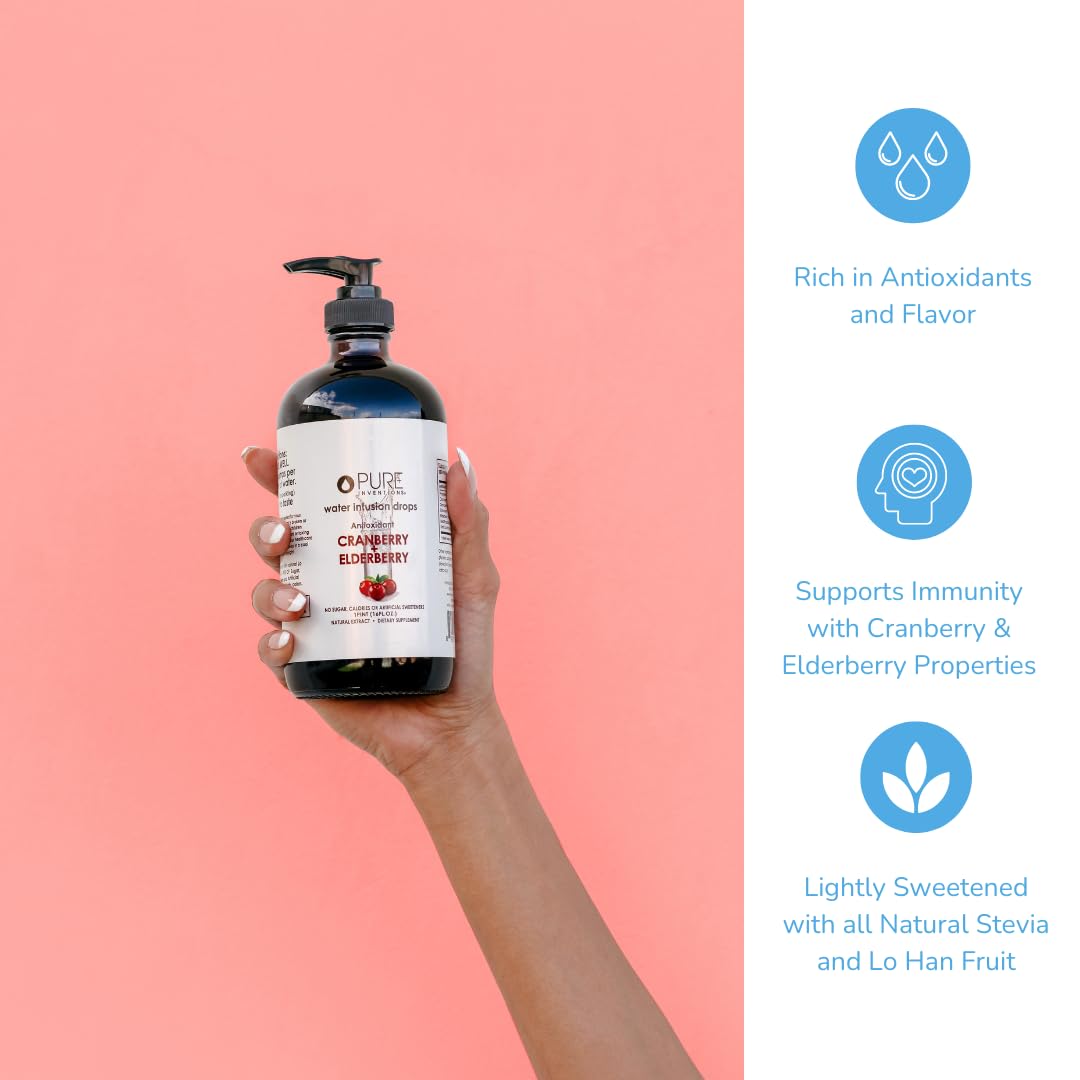 Pure Inventions - Cranberry & Elderberry Water Infusion Drops - Antioxidants & Electrolytes -Health & Wellness Drink -Immunity Support -Sugar Free, Zero Calorie, No Artificial Sweeteners -500 Servings