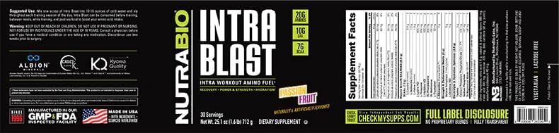 NutraBio Intra Blast Bcaa Powder Amino Acid Supplement, Electrolyte & Hydration Blend, Intra, Pre Workout & Muscle Recovery, 20g Eaa Amino Acids Powder, 5g Glutamine- Passion Fruit, 30 Serving
