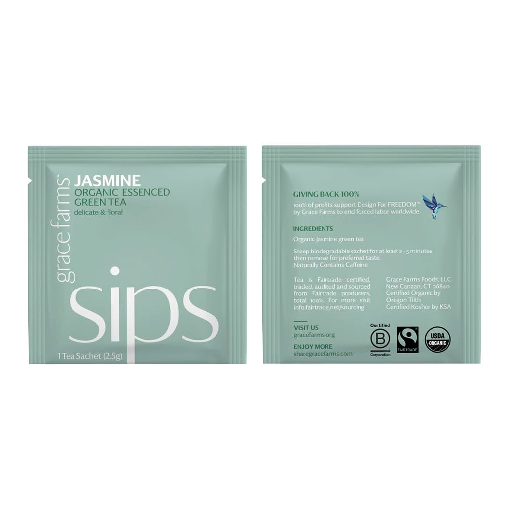 Grace Farms Organic JASMINE Green Tea (100 Enveloped Pyramid Sachets w/String & Tag) | Fragrant and Sweet | Fairtrade and Kosher Certified | Best Green Tea | Gives Back 100% of Profits