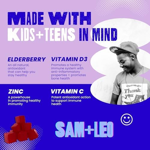 SAM+LEO Immunity Gummies for Kids & Teens - Elderberry, Echinacea + Vitamins C & D - Vegan Daily Immune Support - Berry Flavor - 60ct