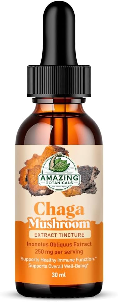 Chaga Mushroom Extract Tincture – 250mg per Serving – Dual Extract Liquid Supplement for Immune Support & Vitality – Vegan, Non-GMO, USA Made, Sugar & Alcohol-Free Drops – 1oz bottle, 30mL