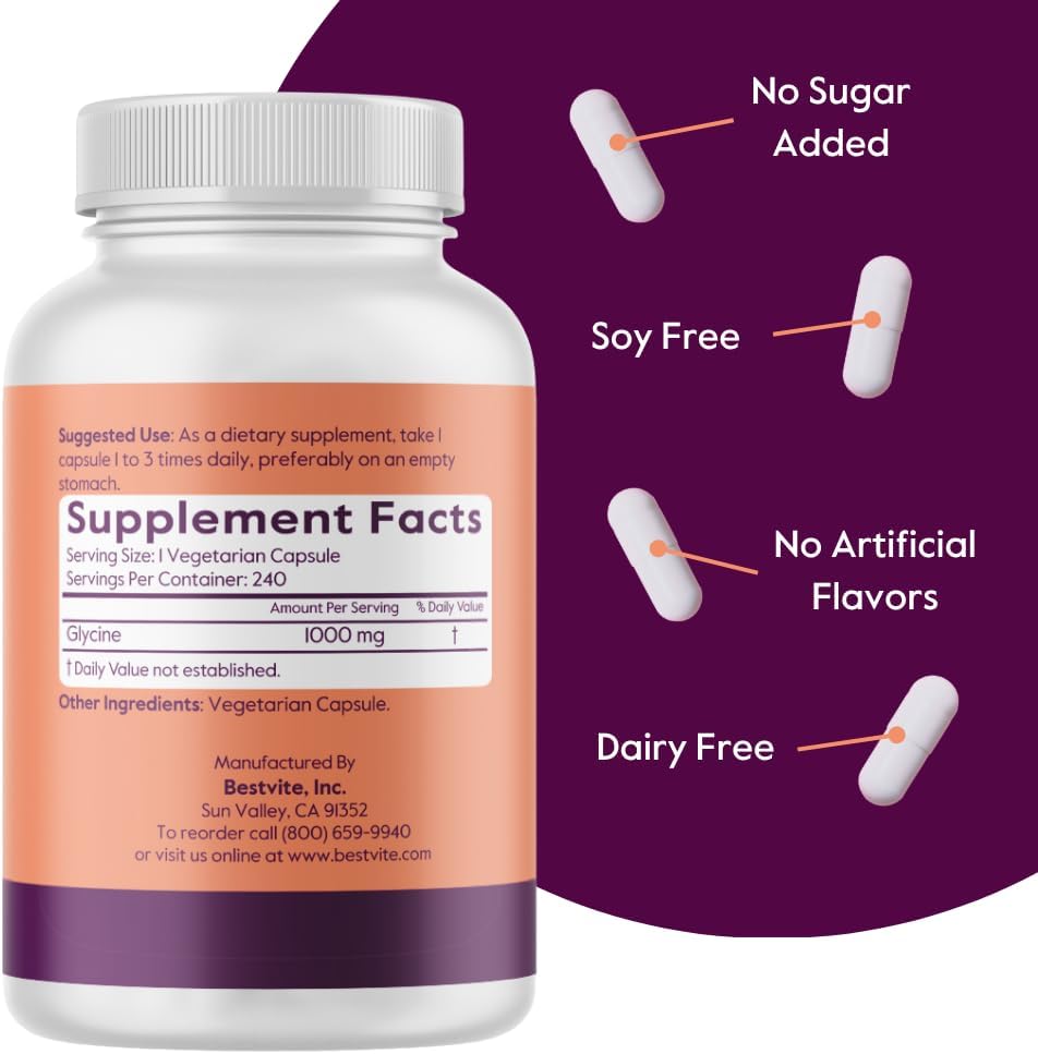 BESTVITE Glycine 1000mg per Capsule (240 Vegetarian Capsules) - No Stearates - Vegan - Non GMO - Gluten Free