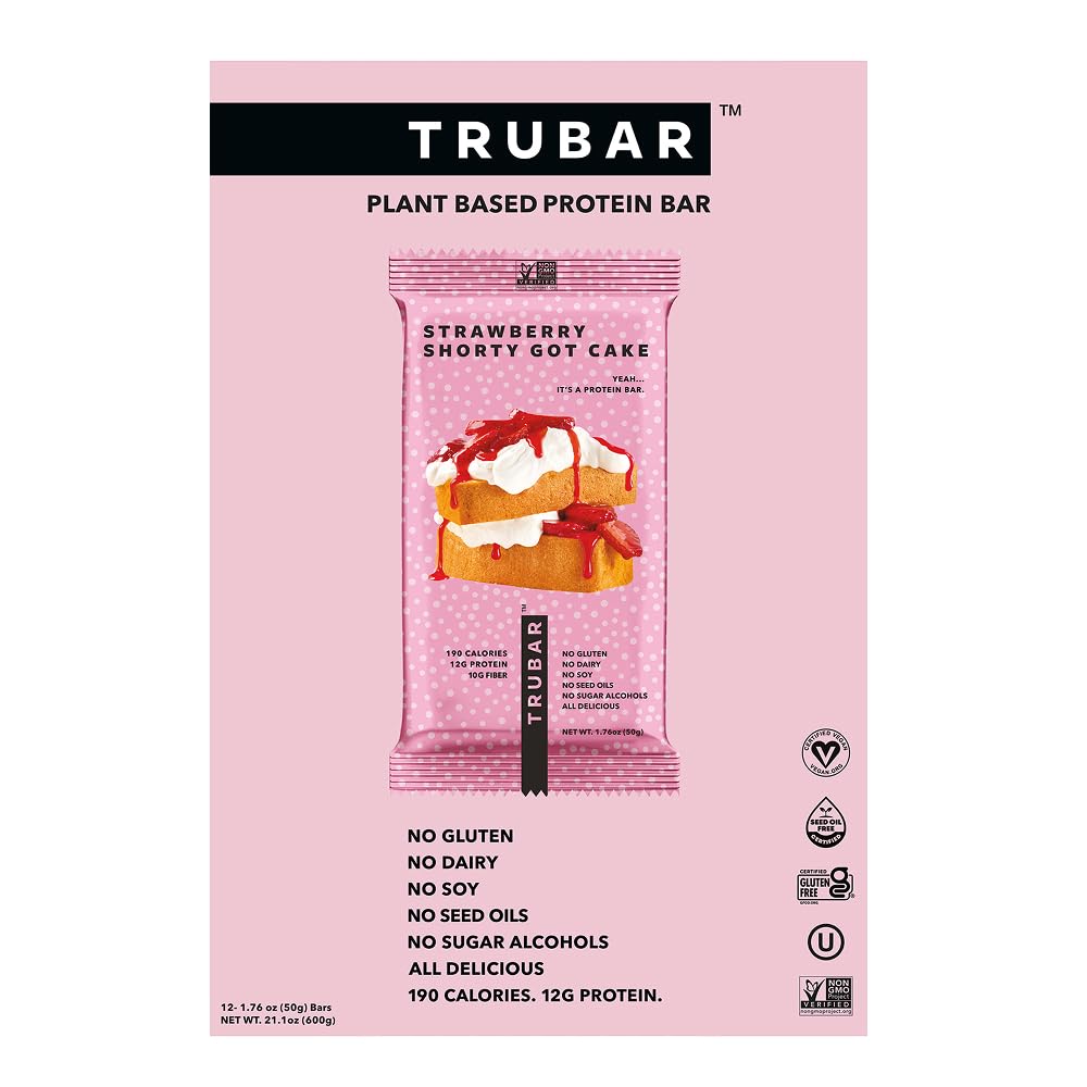 TRUBAR Vegan Protein Bar, Strawberry Shorty Got Cake, Gluten Free, Plant Based Protein, Dairy Free, Non GMO, Soy Free, No Sugar Alcohols, 12G Protein, 12G Fiber, 23G Carb, On the Go Snack Bars, 12 CT