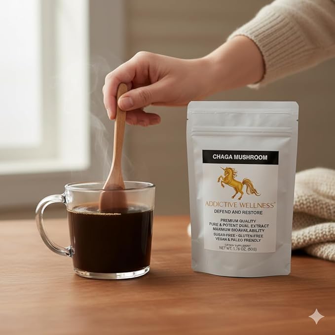 Addictive Wellness Chaga Mushroom Extract Powder – Dual-Extracted Full-Spectrum Adaptogen for Immune Support, Antioxidant Protection, Energy & Radiant Skin – 100% Pure, Potent & Ready-to-Drink