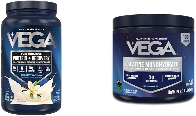 Vega Creatine Monohydrate Powder 17.6oz (100 Servings) Sport Protein & Recovery Vanilla Protein Powder 1.8lbs - Plant-Based Protein and Muscle Support