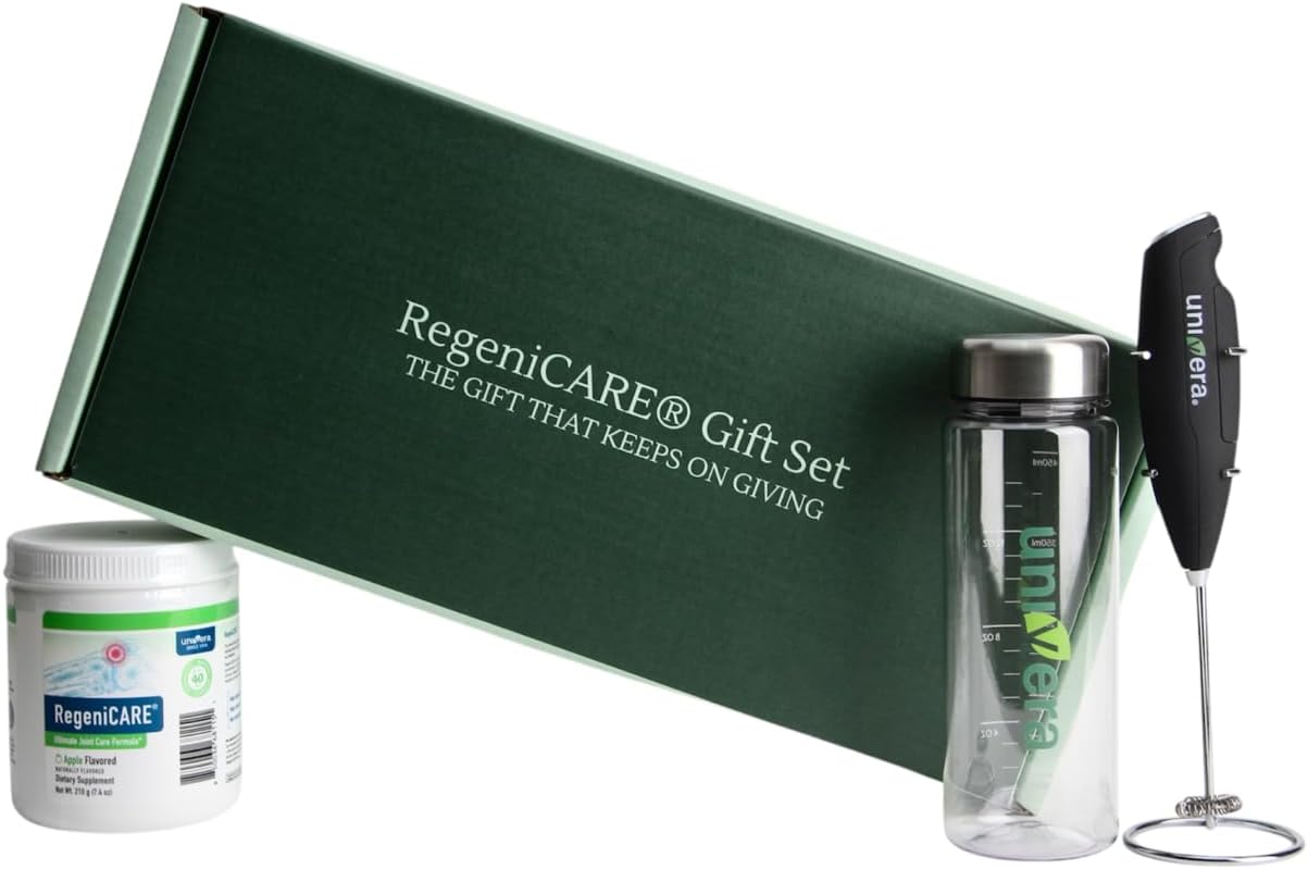 Univera RegeniCARE Gift Set with Bottle and Frother – Joint Support with Glucosamine, Univestin, MSM, Chondroitin – 30 Servings, Green Apple