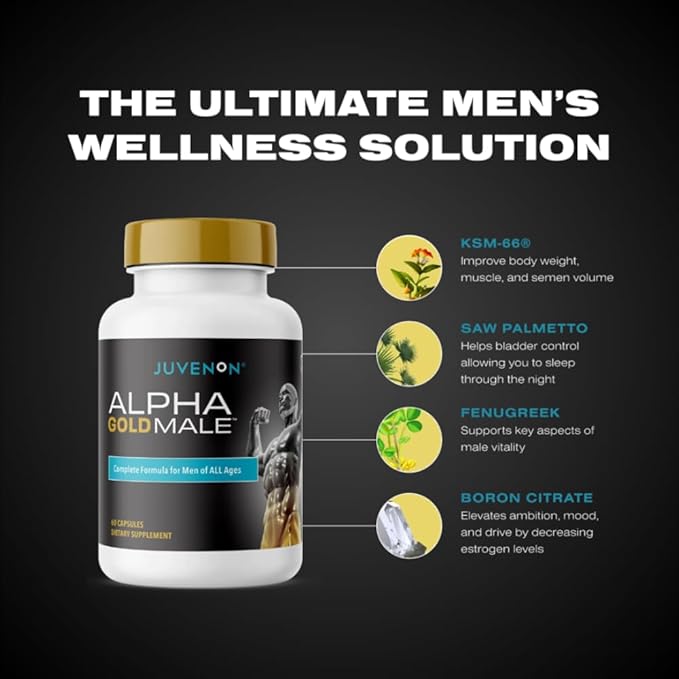 Juvenon Alpha Gold Male Testosterone Booster for Men - T-Support & Male Vitality with KSM-66 Ashwagandha + Fenugreek + Boron Citrate + Saw Palmetto, Non-GMO Vegetarian Capsules