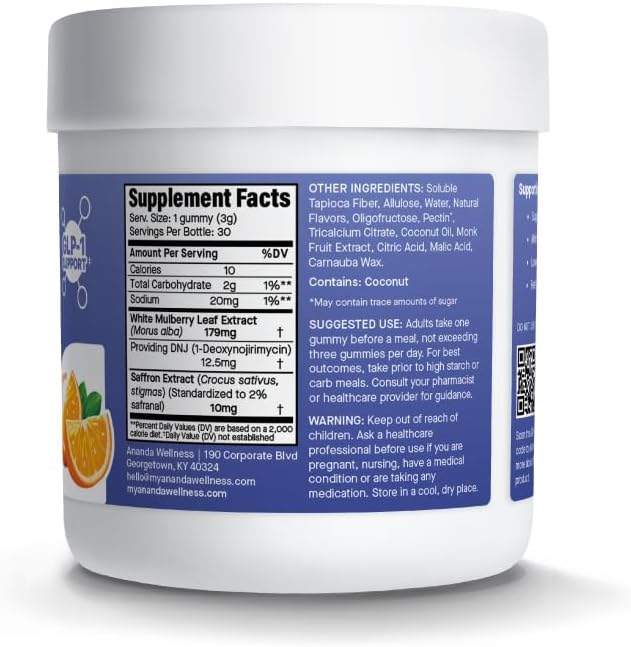 GLP-1 Carb Blocker Gummies – White Mulberry Leaf Extract + Saffron, Pre-Meal Gummies for Lower Carb Absorption & Minimal Bloating, Orange Flavor, 30 Count