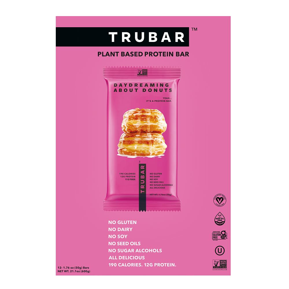TRUBAR Vegan Protein Bar, Daydreaming About Donuts, Gluten Free, Plant Based, High Fiber, Dairy Free, Non GMO, Low Fat, No Sugar Alcohols, 12G Lean Protein, 13G Fiber, Healthy Snack Bars, 12 CT