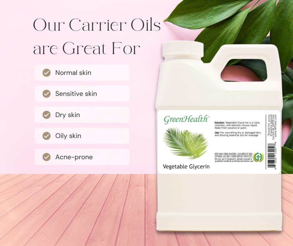 GreenHealth Vegetable Glycerin 16 fl oz – 100% Pure, Non-GMO, Clear Liquid – Carrier Oil for Soap Making, Tinctures, Crafts, DIY Projects – Plastic Jug w/Cap