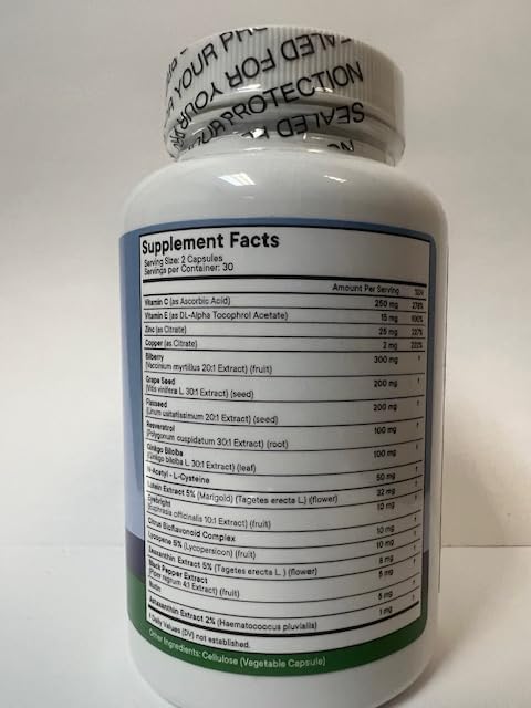 Eye Health Vitamins with Bilberry Lutein & Zeaxanthin, Lycopene, Resveratrol, Grape Seed Extract, Flaxseed Astaxanthin- AREDS 2 - Eye Vitamin - 60 Capsules