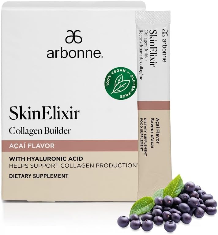Arbonne SkinElixir Collagen Powder Builder - Açaí-Flavored Vegan Supplement for Women with Hyaluronic Acid, Vitamin C, Biotin & Antioxidants - Supports Healthy Skin, Hair & Nails - 30 Stick Packs