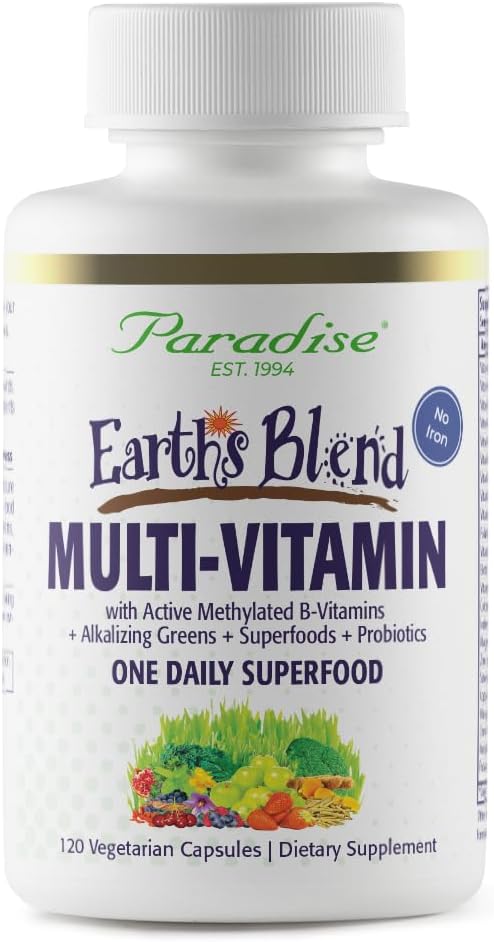 Paradise Herbs Earth's Blend Once Daily Multivitamin for Men, No Iron, 48 Organic Superfoods, Probiotics, Antioxidants, Vitamins A, B12, C, D, K2,120 Count