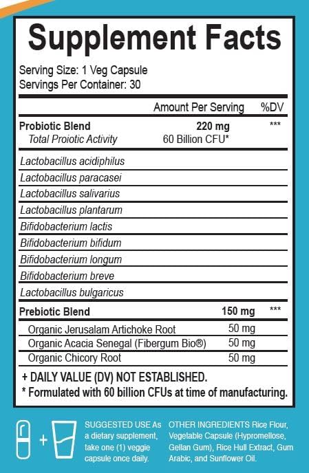 Probiotics 60 Billion CFU - 10 Strains + Organic Prebiotics - Immune, Digestive & Gut Health - Supports Occasional Constipation, Diarrhea, Gas & Bloating - for Women & Men (30 Count)