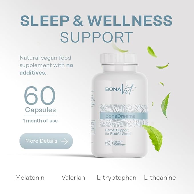 Natural Sleep Aid - with Melatonin 5mg, Valerian, L-Tryptophan & L-Theanine - Sleep and Wellness Supplement - Natural Vegan Supplement with no Additives - 30 Servings - BonaDreams