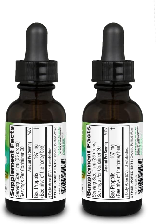 Organika Bee Propolis Tincture 1 oz x 2 Pack: Clean and Vegan Propolis Extract for Immune Defenses, Throat, and Breath - Free of Gluten, GMO, & Artificial Flavors - 20 Day Prop Drops Supply