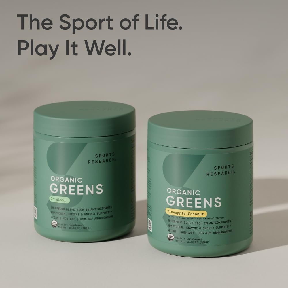 Sports Research® Organic Greens Superfood Powder w/Spirulina, Chlorella, Adaptogens, Enzymes, Probiotics & 8 VIT Bs for Gut & Mood Support* - Vegan, Sugar-Free & Low-Cal Pineapple Coconut 30 Servings
