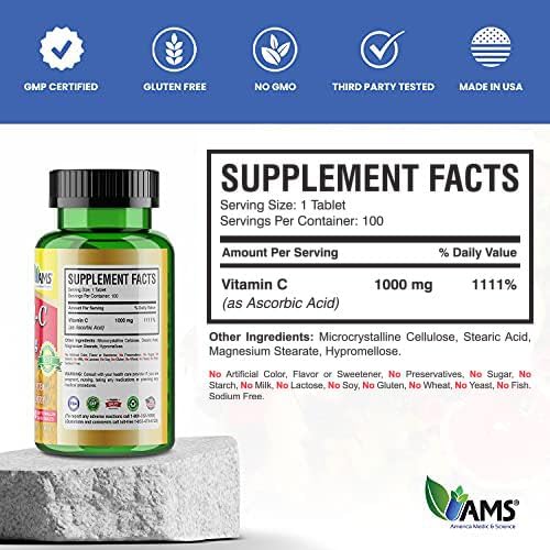 America Medic & Science Rapid-C 1000mg Vitamin C Supplement (5 Pack of 100 Tablets) Energy Booster, Daily Immune System Support, Antioxidant | Vegan, Non-GMO Coated Ascorbic Acid for Adult Men & Women