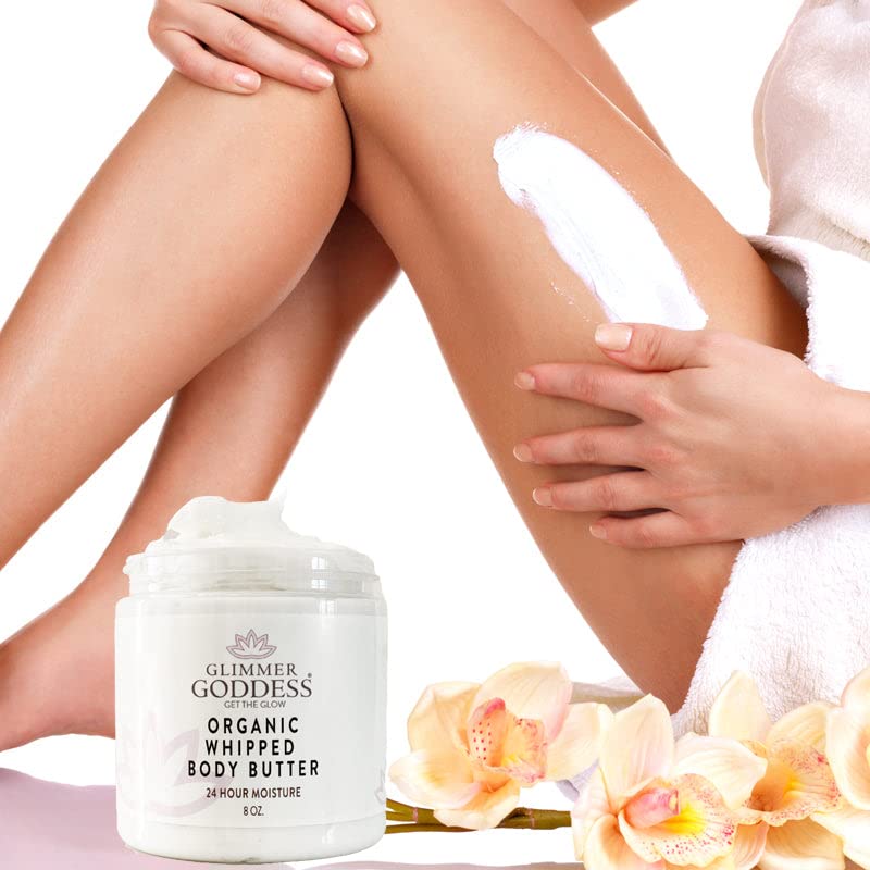 GLIMMER GODDESS Organic Whipped Body Butter- Lemon Verbena, Vegan, 24 Hr Hydration, Less Stretch Marks, All Skin Types, Child-Safe, Organic, 8 oz