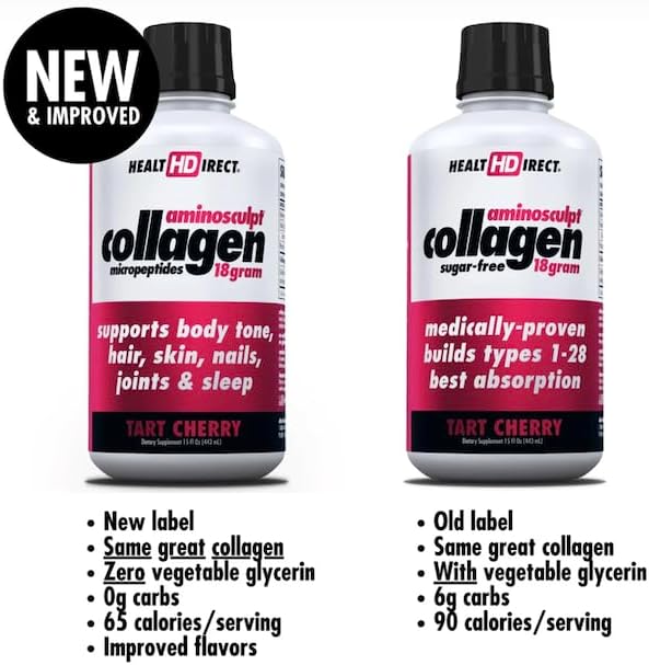 HEALTH DIRECT AminoSculpt Sugar-Free Collagen Supplement - High Potency Medical-Grade Protein for Hair, Skin, Nails & Joints, Grass-Fed, Non-GMO, Liquid Collagen - Tart Cherry - 15 Fl Oz