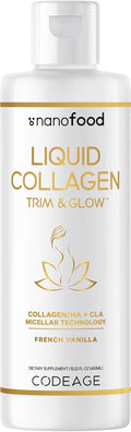 Codeage Liquid Collagen Supplement Vanilla Flavor, Beauty Trim & Glow Liposomal Collagen Peptides, CLA Conjugated Linoleic Acid, Hyaluronic Acid, Vitamin E, Hydrolyzed, Non-GMO, 15.22 fl oz