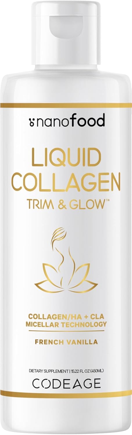 Codeage Liquid Collagen Supplement Vanilla Flavor, Beauty Trim & Glow Liposomal Collagen Peptides, CLA Conjugated Linoleic Acid, Hyaluronic Acid, Vitamin E, Hydrolyzed, Non-GMO, 15.22 fl oz