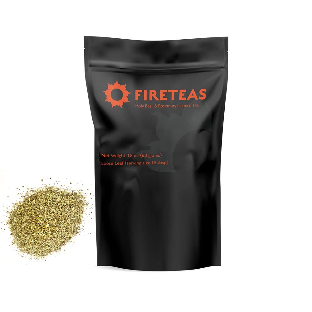 FIRE TEAS Holy Basil Rosemary Licorice Tea - Loose Leaf Blend of Organic Rosemary, Holy Basil, Licorice - Stress Relief, Sleep Aid, Antioxidant Rich, Digestive, Delicious & Cooling -