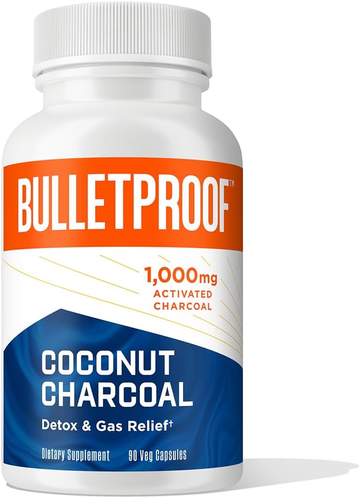 Bulletproof Coconut Charcoal Detox and Gas Relief Capsules, 90 Count, Sourced from 100% Coconut Shells, Activated Charcoal for Bloating Support, Packaging May Vary