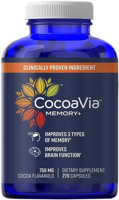 CocoaVia Memory+ Brain Supplement, Clinically Proven Memory and Brain Booster, Sugar Free, Gluten Free, Vegan, 750 mg Cocoa Flavanols Capsules, 30 Day Supply (270 Count (Pack of 1))