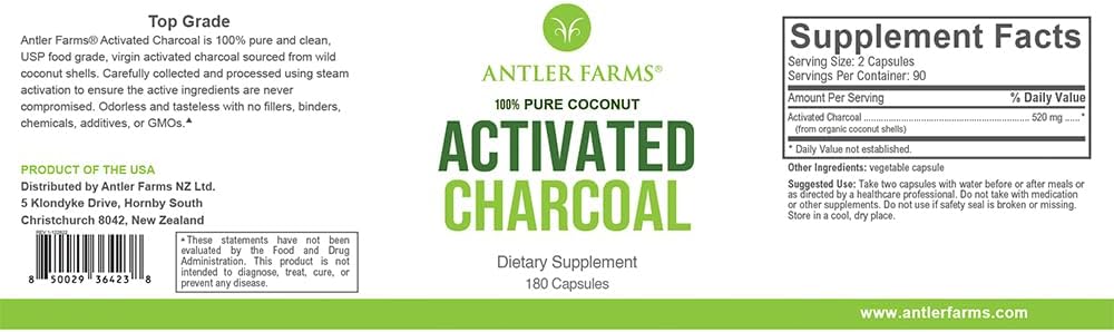 Antler Farms - 100% Pure Coconut Activated Charcoal, 180 Capsules 260mg - Wild Harvested, Virgin Coconut Shell, USP Food Grade, Steam Activated, Ultra Fine