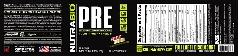 NutraBio PRE Workout Powder - Old Formula- Sustained Energy, Mental Focus, Endurance - Beta Alanine, Creatine, Caffeine, Electrolytes - 20 Servings - Cherry Limeade