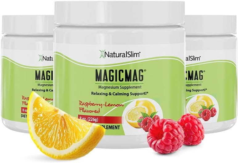 NaturalSlim Magicmag Pure Magnesium Citrate Powder Stress, Constipation, Muscle, Heart Health, and Sleep Support | Raspberry Lemon Magnesium Supplement - 8oz Drink Mix (3 Pack)