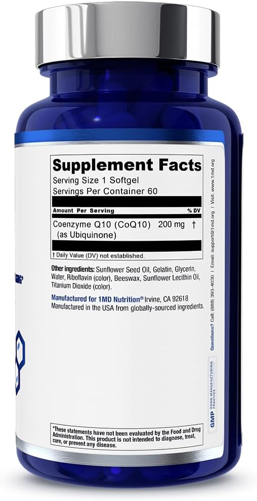 1MD Nutrition CoQ10 - for Heart Health & Cellular Energy Production - Health Supplement for Men & Women - Coenzyme Q10 Softgel - 60 Days